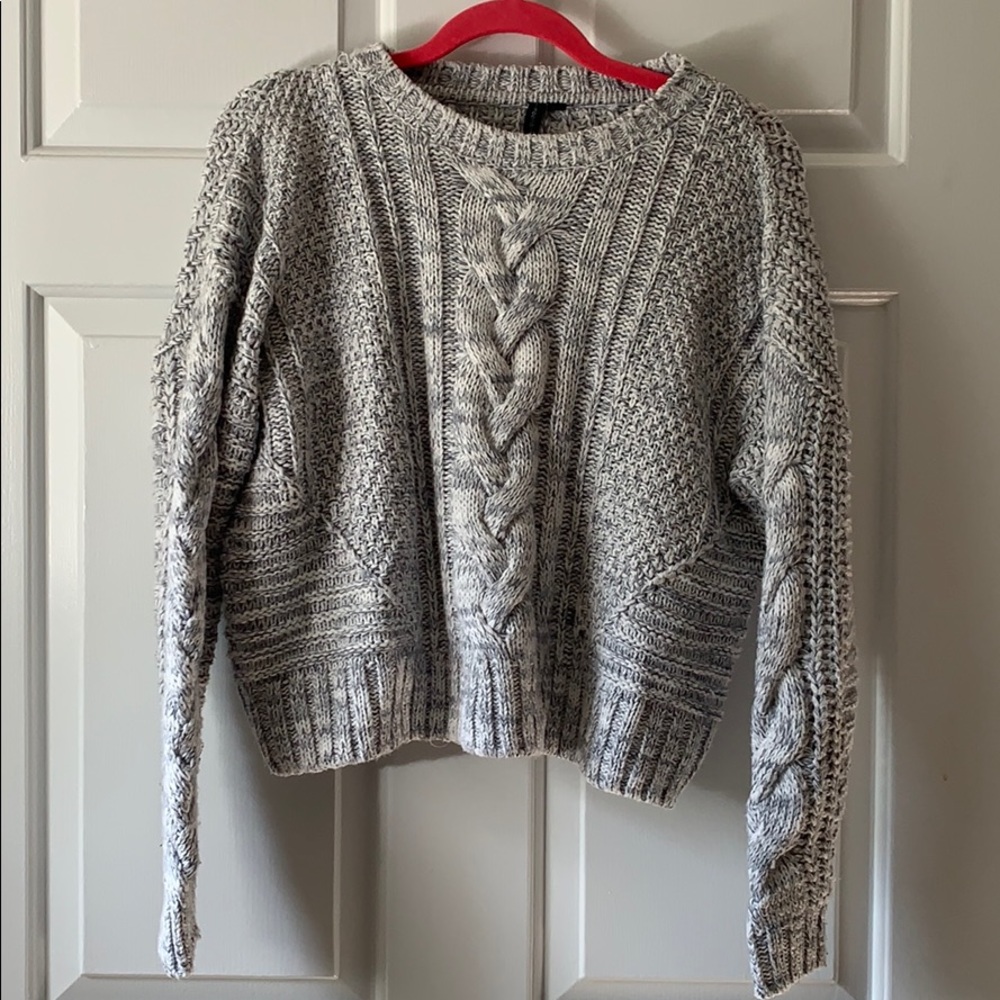 Cropped gray cable knit sweater